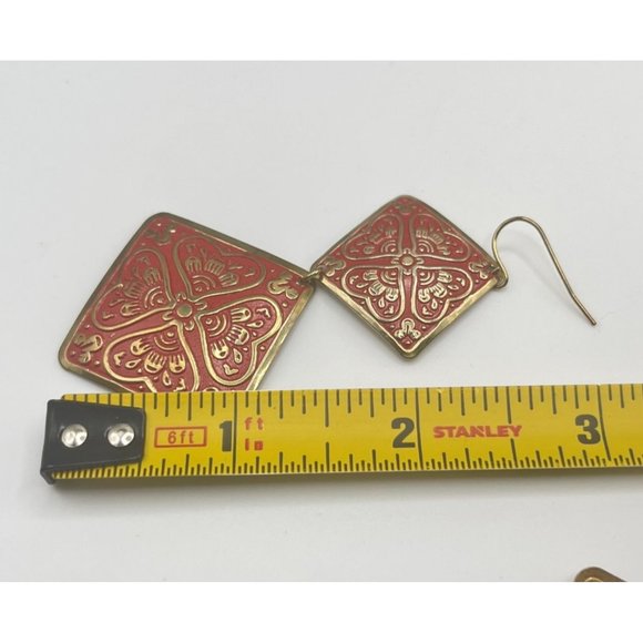 Allison Reed Floral Earrings Vintage Gold Tone Red Square Dangle Embossed - Picture 4 of 6